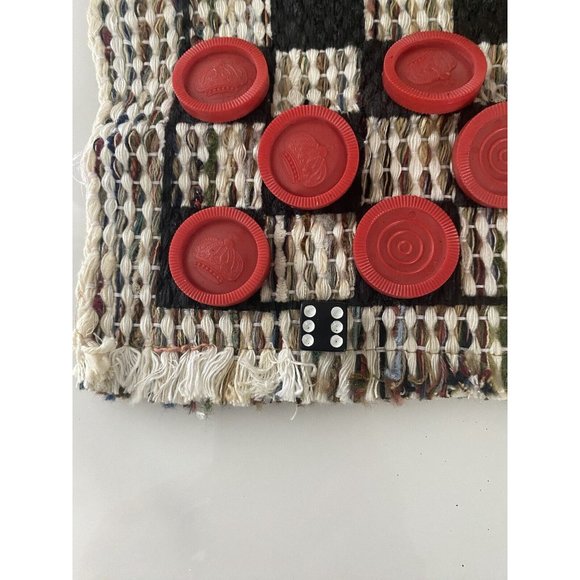 Checkers Board Game with Rug Board 12" x 12½”  12 Black 12 Red Checkers Vintage - Picture 3 of 16